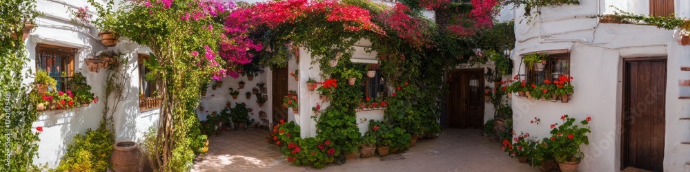 Fototapeta premium Exterior view of white buildings with lush colorful flowers and greenery