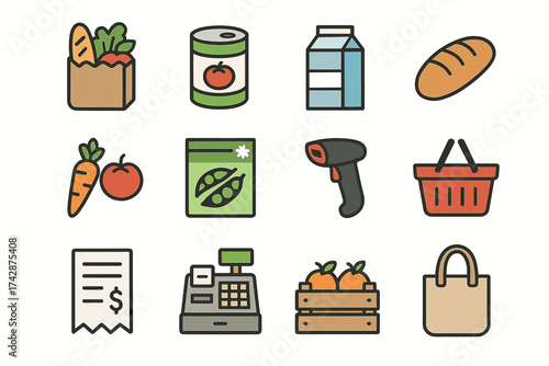 Grocery shopping icons: food, basket, checkout, produce, milk