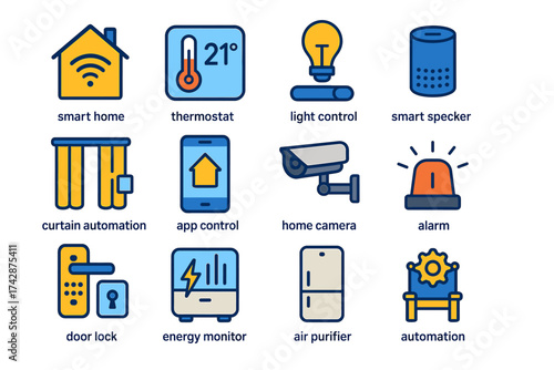 Smart home technology icons: automation, security, and energy management