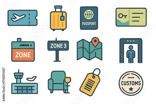 Travel essentials icons: ticket, luggage, passport, customs, airport