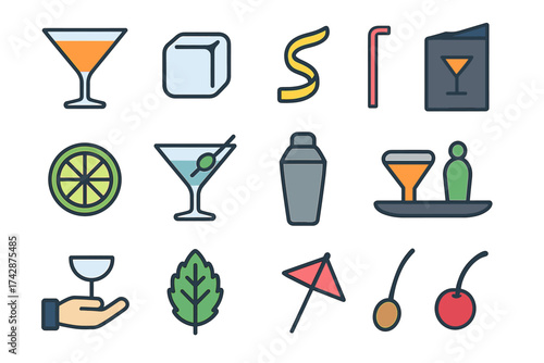Colorful cocktail icon set featuring drinks, glasses, ice, and garnishes