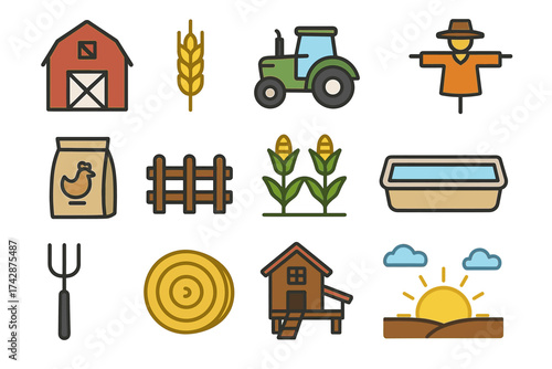 Colorful farm icons set with tractor, barn, hay, corn, and sun