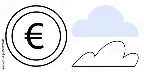 Euro currency sign in circular border with minimal cloud symbols. Ideal for finance, economy, digitalization, cloud banking, fintech, sustainability, innovation. Simple flat metaphor