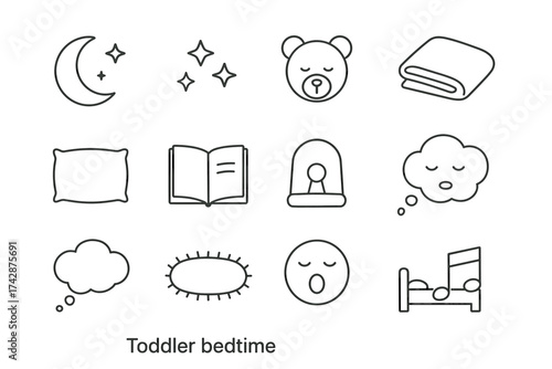 Bedtime icons: moon, stars, teddy, pillow, yawn, sleeping symbols for toddlers