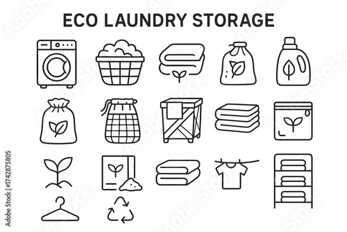 Eco laundry storage icons collection: sustainable washing solutions and organizing tools