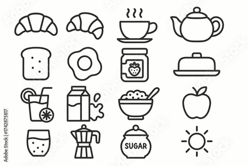Breakfast icons: coffee, tea, toast, eggs, juice, milk, cereal, fruit, sugar