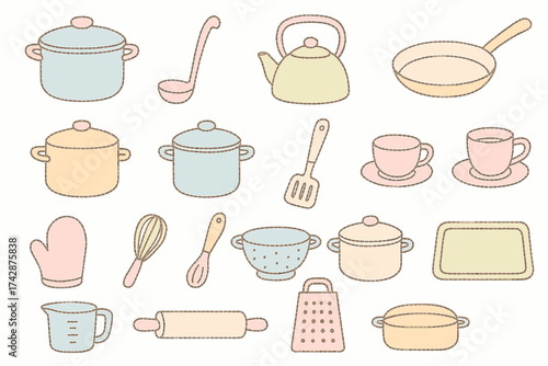 Charming pastel kitchen utensils collection with pans, pot, teapot, and more