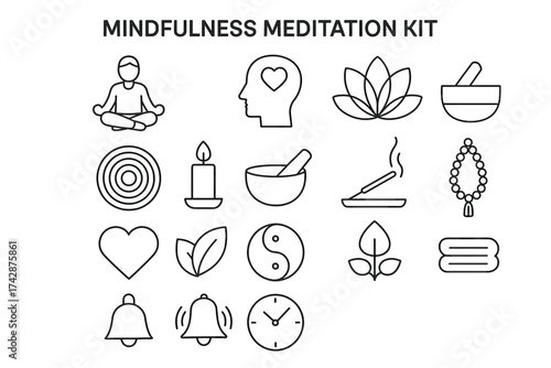 Mindfulness meditation kit: icons of relaxation and peaceful practices