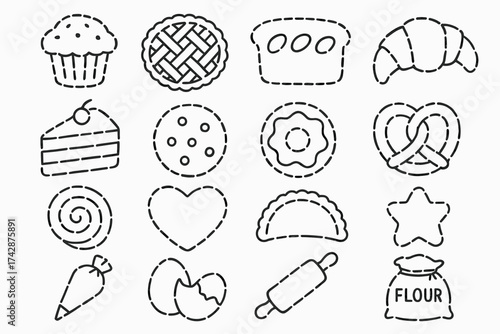 Outlined icons of baked goods: muffin, pie, bread, croissant, cake, cookie, biscuit, pretzel