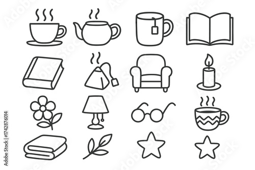Cozy home icons: tea, books, and comfort symbols in line art style