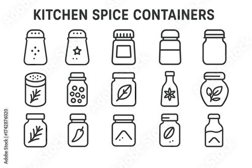 Various kitchen spice containers with minimalist line art design