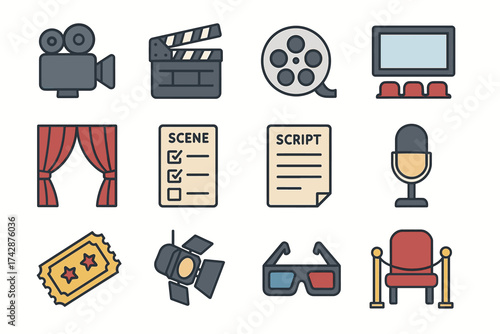 Film and theater icons: camera, clapboard, script, microphone, ticket, glasses, chair