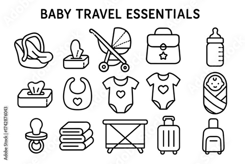 Baby travel essentials icons: stroller, bib, diaper bag, pacifier, bottle set