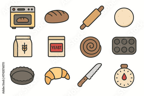 Baking essentials: oven, dough, yeast, rolling pin, bread, timer, knife icons