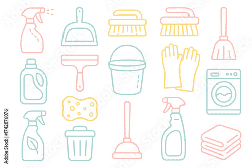Minimalist cleaning essentials illustration with various household tools