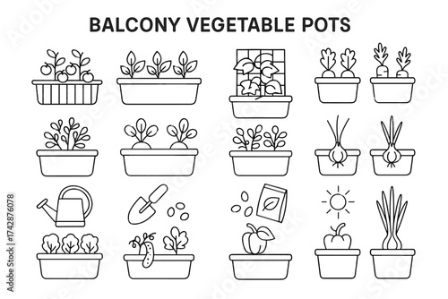 Line art of balcony vegetable pots with gardening tools for home growth