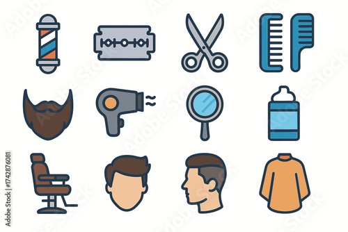 Barber shop essentials: icon set of tools and equipment for haircare and grooming