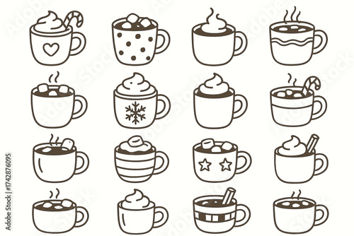 Collection of festive hot chocolate mugs with marshmallows and holiday decorations