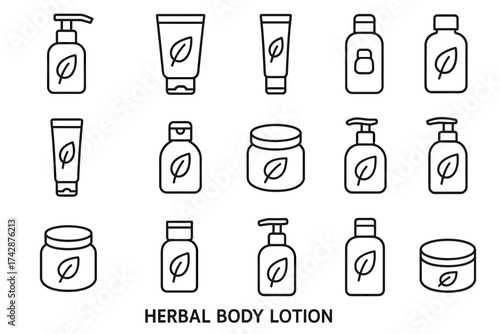Herbal body lotion icon set in outline style
