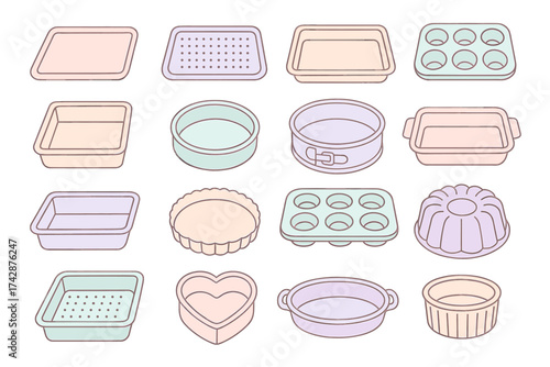 Illustrated set of various baking pans and molds in pastel colors