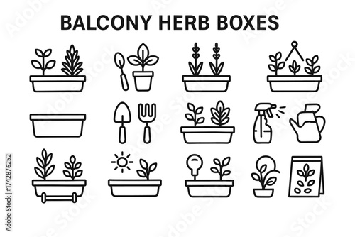 Balcony herb boxes: icon set for urban gardening and plant care