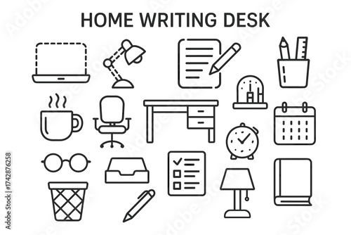 Home writing desk icon set: laptop, lamp, documents, art supplies