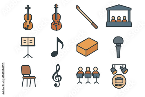 Classical music concert icons: instruments, orchestra, microphone, sheet music, stage
