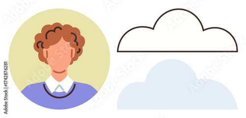 Portrait of a person with a simple blue top beside outlined and filled clouds. Ideal for digital storage, online communication, technology, networking, innovation, cloud computing, data sharing