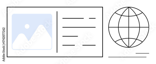 Profile layout with placeholder image and text next to a world grid globe. Ideal for communication, networking, digital interaction, internet, globalization, connectivity, business. Simple flat