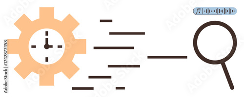 Gear with clock, speeding lines, magnifying glass, and soundwave icon. Ideal for productivity, time management, efficiency, data analysis technology research problem-solving. Simple flat metaphor