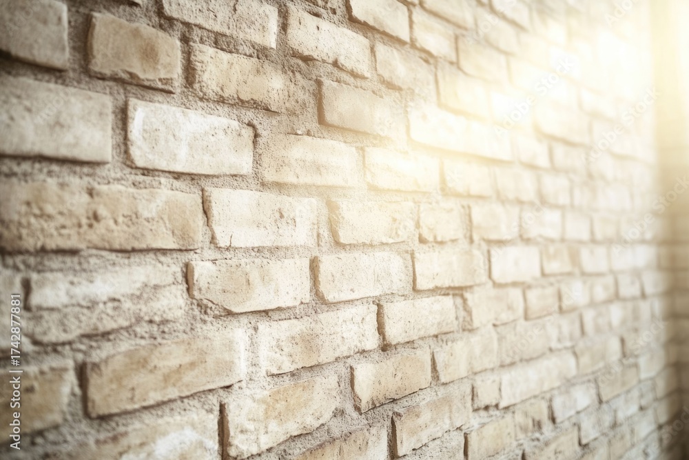 Fototapeta premium Rustic, light-colored brick wall texture, showing mortar and subtle rough surface, illuminated by a warm bright light source.