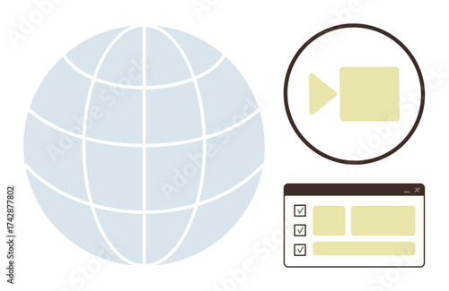 Globe with video player icon and checklist interface, symbolizing global connectivity, online meetings, and digital collaboration. Ideal for remote work, education, project management, productivity