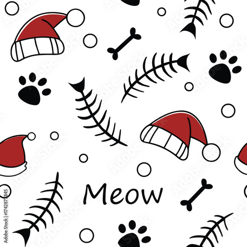 Whimsical Christmas cat pattern with Santa hats paw prints fish bones and meow text vector