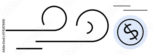 Stylized wind lines pushing a dollar coin forward, symbolizing monetary flow, speed, financial growth. Ideal for finance, digital payment, economy, efficiency technology wealth success. Simple