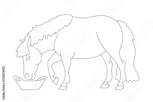 Pony with long mane eating from a feeding bowl in simple black and white outline style