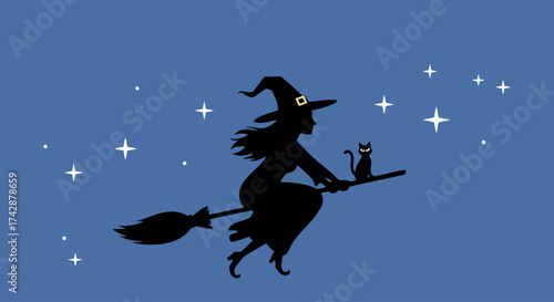 Vector Illustration of Witch Silhouette – Flying on Broom with Hat and Cat