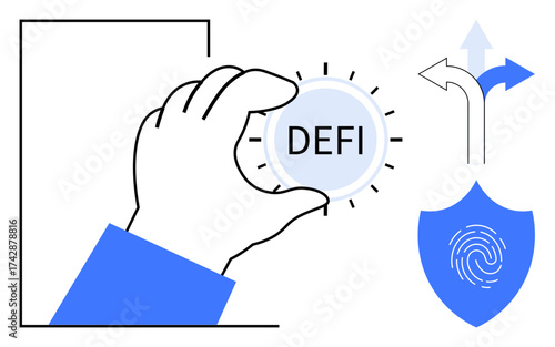 Hand holds DeFi token, blue fingerprint shield represents security, diverging directional arrows suggest decision-making. Ideal for finance, technology, decentralization, innovation, blockchain