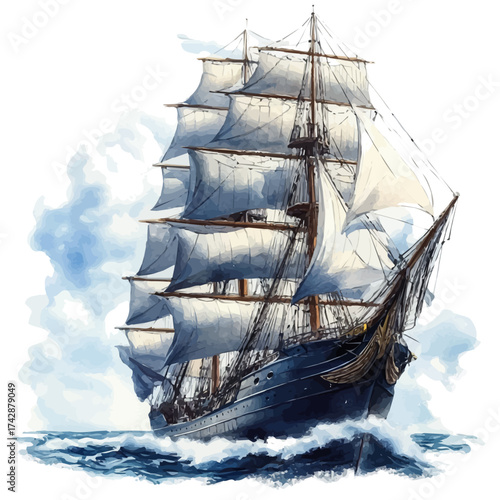 watercolor of Clipper Ship, vector, isolated on a white background.