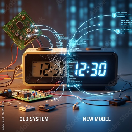 Old and new alarm clock models with circuit board and data stream