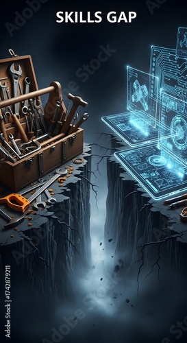 Skills gap visualized as a chasm between a toolbox and digital technology