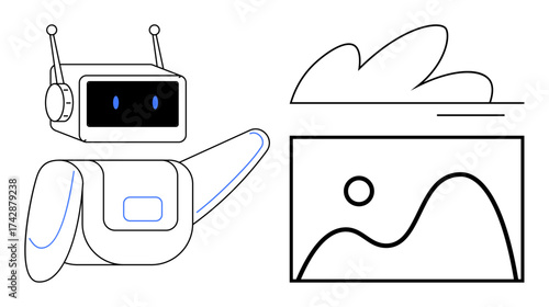 Robot gesturing towards a framed digital landscape with a sun, cloud, and curved lines. Ideal for AI, automation, creativity, technology, innovation design education. Simple flat metaphor