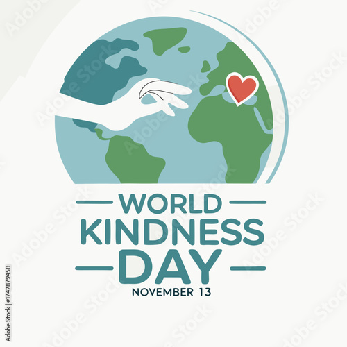 Graphic illustration of a hand reaching towards a heart on a globe for World Kindness Day earth