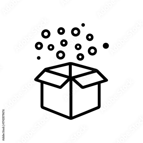 Open box with glowing particles icon. Magic surprise, wonder, or unboxing concept. Vector illustration for website, app, creative design
