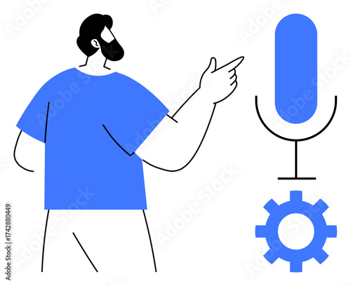 Man pointing at blue microphone and gear, representing voice integration, system configuration, and technology. Ideal for tech solutions, automation, AI, audio tools, communication digital systems