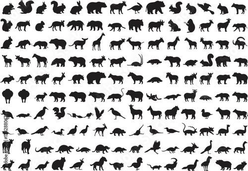 Silhouette animal collection with mammals, birds, reptiles, amphibians, wildlife taxonomy, zoological illustration, environmental design, nature art, educational reference