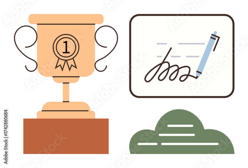 Trophy with number one badge, signature board with pen, and abstract cloud. Ideal for achievement, success, competition, excellence, certification, accomplishment and goals in a simple flat metaphor