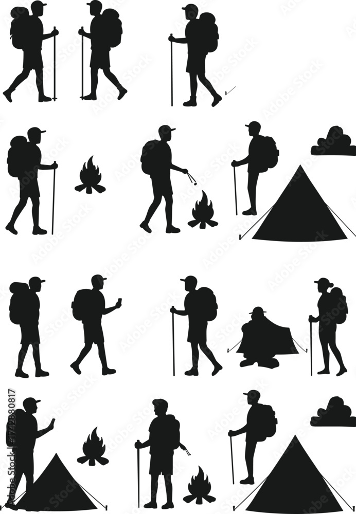 Obraz premium Silhouette camping and hiking collection with tents, campfires, backpackers, outdoor activities, wilderness exploration, adventure illustration, environmental concept art