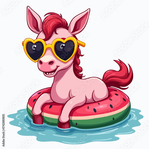 Vector fashion design for children t-shirt. 
Pink baby horse in sunglasses
with inflatable ring swims on white background. 
2026 New Year symbol. Cartoon print for fabric, 
boy and girl clothing.