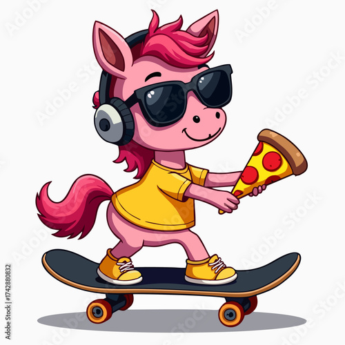 Vector fashion design for children t-shirt. 
Pink baby horse on skateboard
in sunglasses, headphones with slice of pizza 
on white background. 
Cartoon print for fabric, clothing for boy and girl.