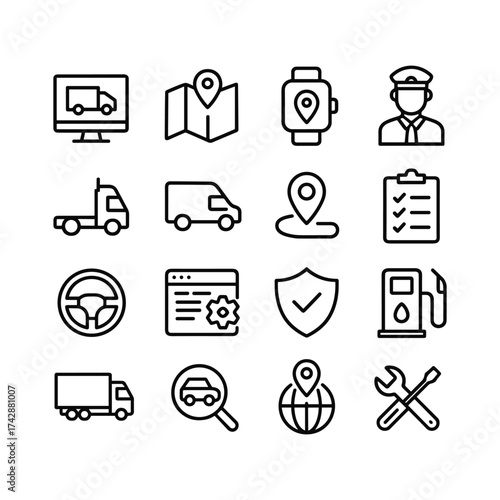 Vehicle management vector icons pack. Outline symbols. Line design